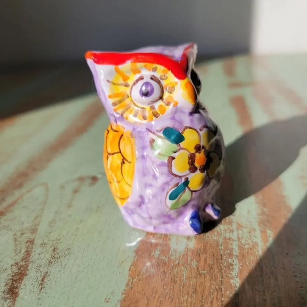 Italian Sorrento Handpainted Floral Folk Art Pottery Owl Figurine